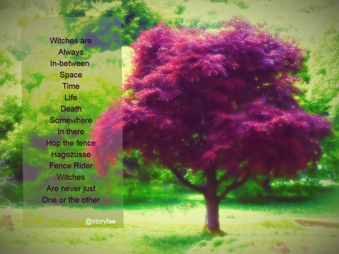 Purple tree in front of green background text overlay reads: Witches are Always In-between  Space Time Life Death Somewhere In there Hop the fence Hagezusse Fence Rider Witches Are never just One or the other