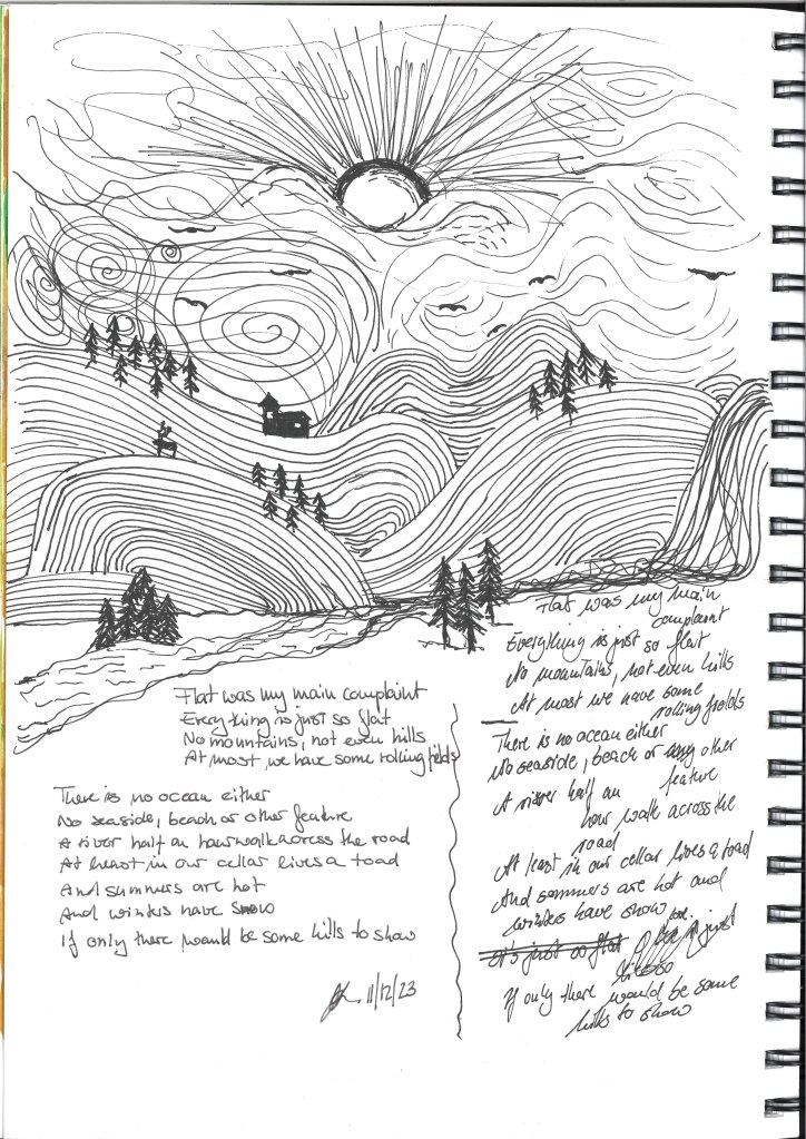 Ink sketch exercise of rolling hills with trees and a church, sun breaking through clouds, a river runs from the background of the image to the foreground. The poem is written below.
The sketch is extremely abstract just line drawings.