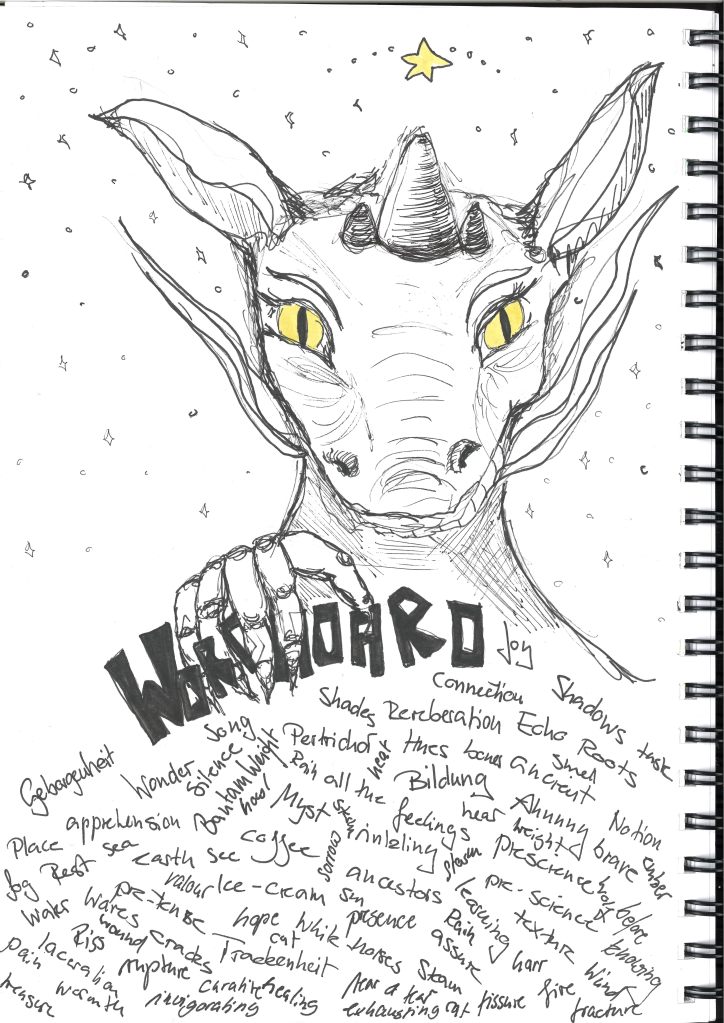 drawing of a dragon: think profile photo, in one claw she holds the word: word hoard and the other hand holds up sideways as if to stop the onslaught of snowflakes which are made from words, There is a bunch of snowflakes and all their arms and sub arms have words or are made of words 