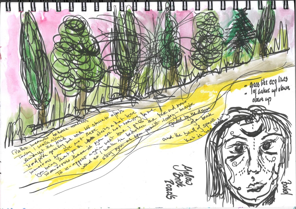 Ink and watercolour sketch of a yellow path lined by trees and grasses, the draft of the above poem is written on the yellow path.
The format is horizontal and the bottom right corner which is free has a rough sketch of Babd one of the iterations of the Morrigan