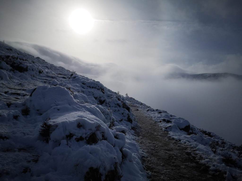 Image of a snow covered mountain side I stood on the path while taking it so the path emerges from the foreground disappearing almost immediately behind a bend. The horizon is thick snowclouds but just above is a bit of blue sky and the winter sun has a huge halo around it.
CC Nathalie Tasler